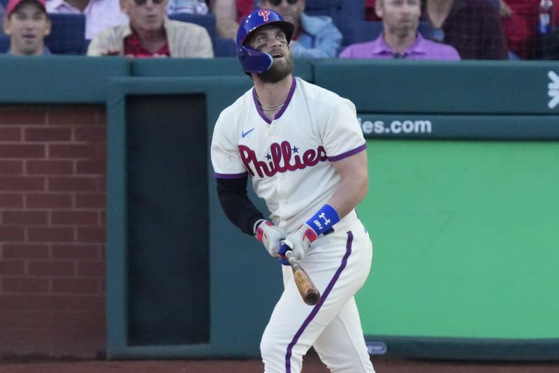 Philadelphia Phillies first baseman Bryce Harper raised his season average from .000 to .200 with a three-homer night against the Cincinnati Reds. File Photo by Ray Stubblebine/UPI