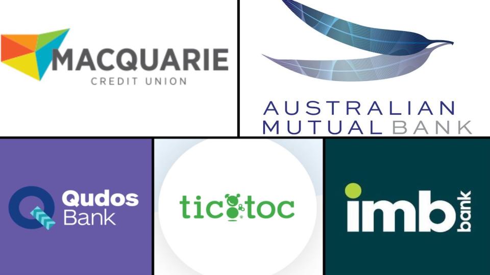 Compilation of symbols of banks giving the cheapest fixed rate home loan: Macquarie Credit Union, Australian mutual bank, Qudos Bank, tictoc and IMB bank