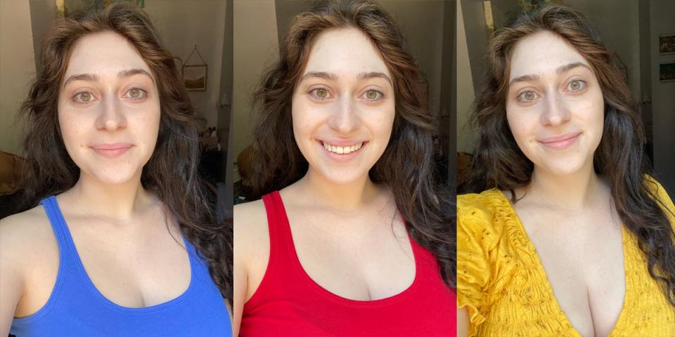 the writer wearing blue, the writer wearing red, and the writer wearing yellow