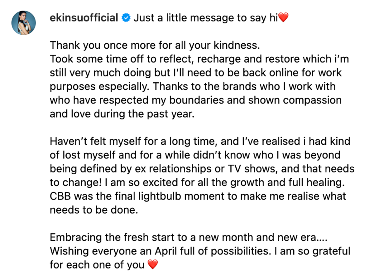 Ekin-Su told followers she hasn’t felt like herself for a long time (Instagram via @ekinsuofficial)