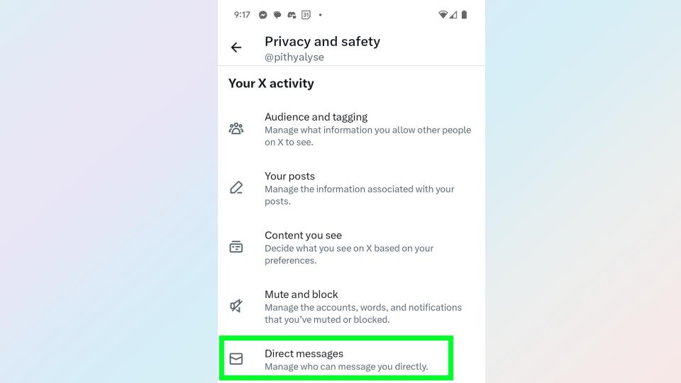 A screenshot of the X/Twitter Privacy and Safety menu with the option Direct Messages highlighted in green