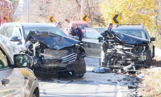 Three people rushed to hospital following two-vehicle crash