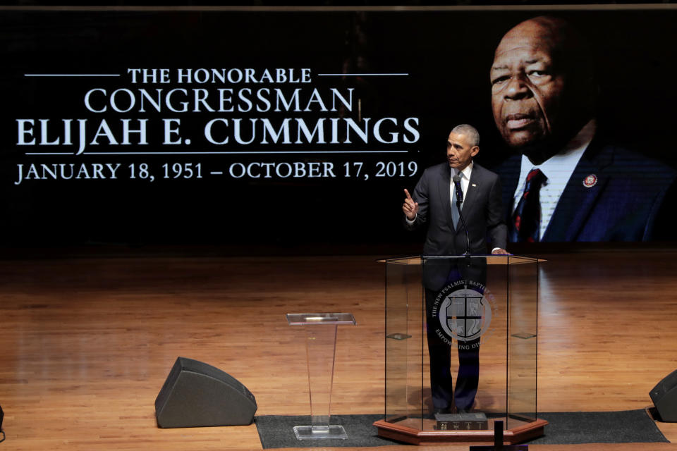 Former President Barack Obama speaks during funeral services for Rep. Elijah Cummings, Friday, Oct. 25, 2019, in Baltimore. The Maryland congressman and civil rights champion died Thursday, Oct. 17, at age 68 of complications from long-standing health issues. (AP Photo/Julio Cortez, Pool)