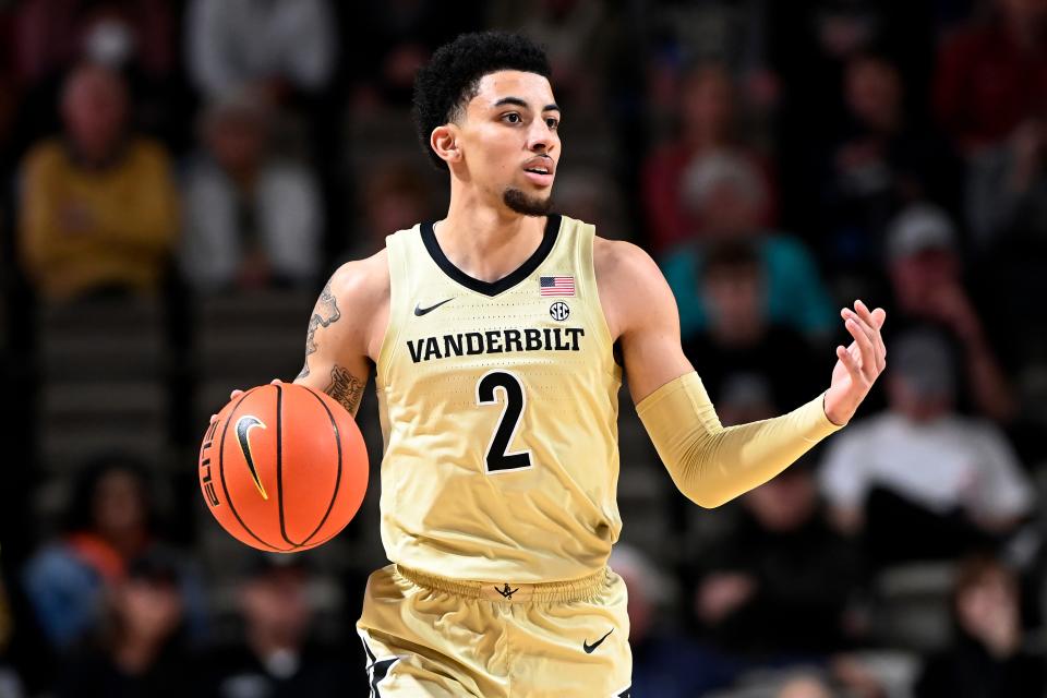 Vanderbilt guard Scotty Pippen Jr. (2) plays against Alabama during the first half of an NCAA college basketball game Tuesday, Feb. 22, 2022, in Nashville, Tenn. (AP Photo/Mark Zaleski)