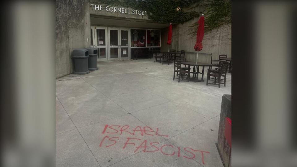 位於紐約的名校康乃爾大學，校園道路出現多個激烈文字的塗鴉，全部都在罵以色列。（圖／翻攝自推特@samaberman）