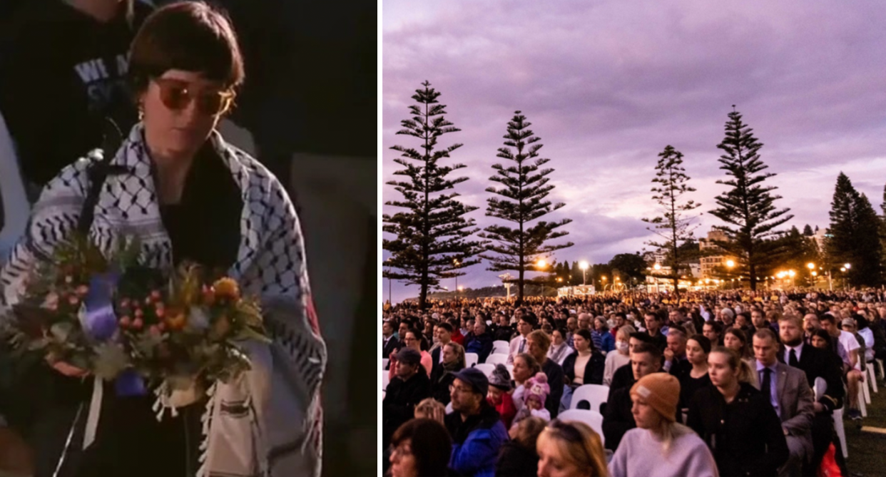 Greens councillor Rafaela Pandolfini wears a keffiyeh draped around her shoulders while holding flowers (left) while Sydneysiders pay their respect at the dawn service in Coogee (right). 