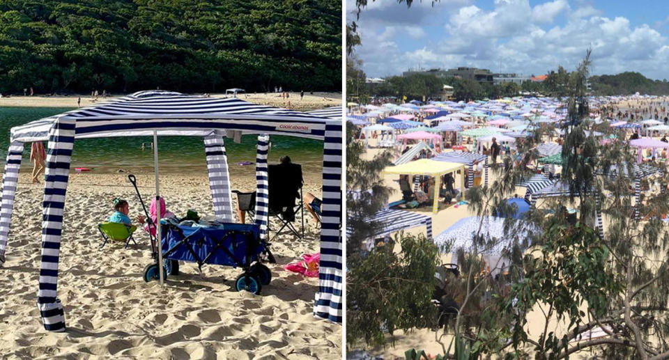 Left: Noosa Heads beach covered in cabanas and (right) blue and white striped coolcabana.