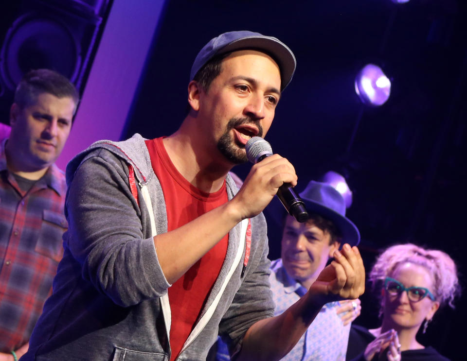 Lin-Manuel Miranda performs at the re-opening of "Freestyle Love Supreme" on Broadway in October 2021