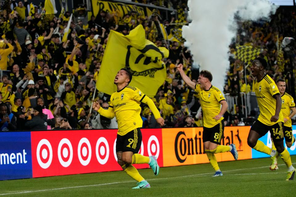 Dec 9, 2023; Columbus, OH, USA; Columbus Crew forward Cucho (9) celebrates his goal on a penalty shot against Los Angeles FC goalkeeper Maxime Crepeau (16) (not pictured) during the first half at Lower.com Field. Mandatory Credit: Adam Cairns-USA TODAY Sports