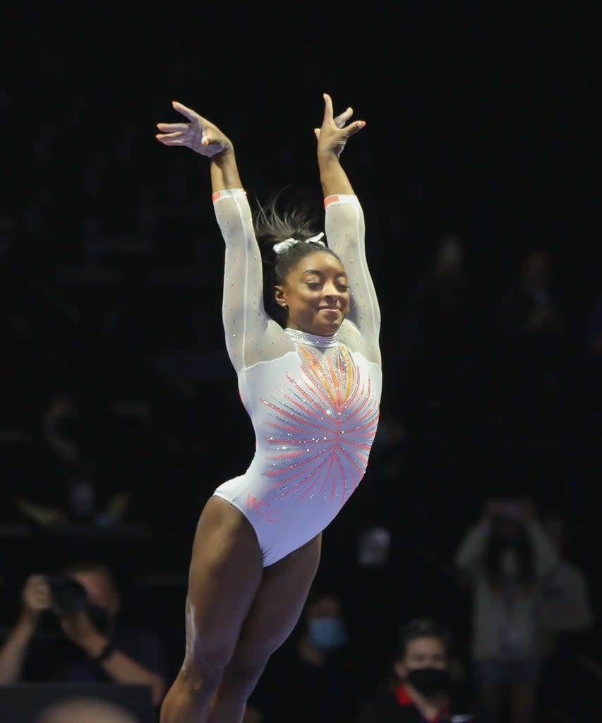 Mandatory Credit: Photo by Kyle Okita/CSM/Shutterstock (11927348ae) Simone Biles becomes the first woman to land a Yurchenko double pike during competition at the GK U.S. Classic at the Indiana Convention Center in Indianapolis, IN Gymnastics GK U.S. Classic, Indianapolis, USA – 22 May 2021