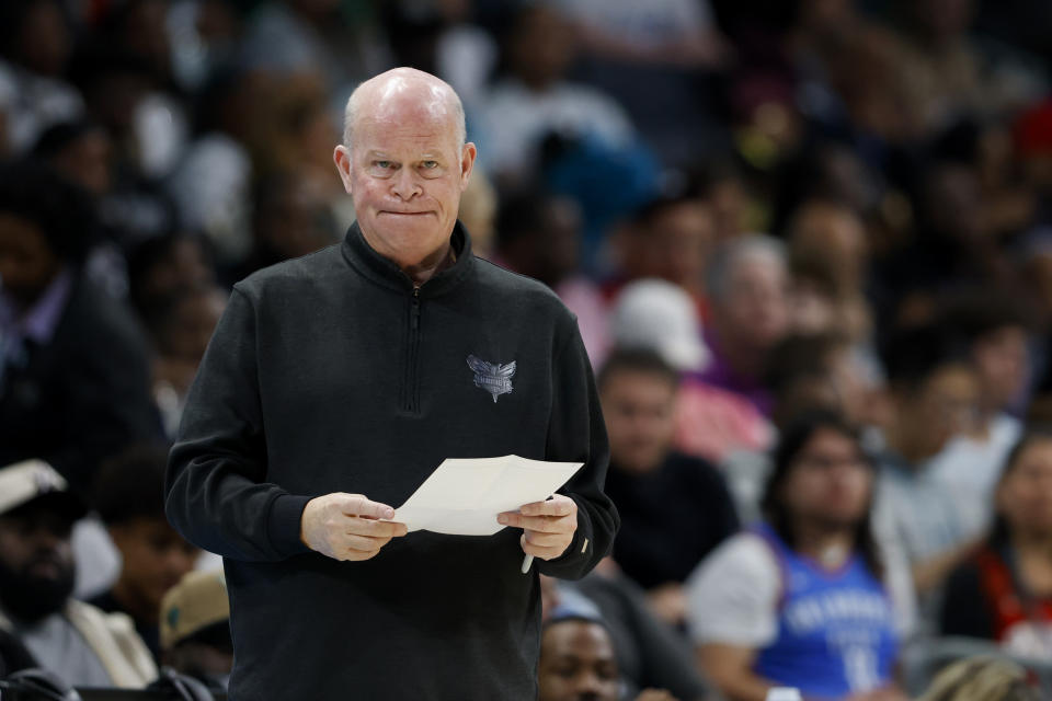 Charlotte Hornets head coach Steve Clifford watches his team play against the Los Angeles Clippers during the second half of an NBA basketball game in Charlotte, N.C., Sunday, March 31, 2024. (AP Photo/Nell Redmond)