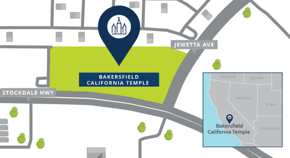 A map showing the location of the Bakersfield California Temple at the northwest intersection of Stockdale Highway and Jewetta Avenue in Bakersfield. | The Church of Jesus Christ of Latter-day Saints