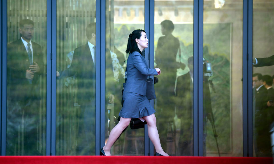 <p>North Korean leader Kim Jong Un’s sister Kim Yo Jong walks at the truce village of Panmunjom inside the demilitarized zone separating the two Koreas, South Korea, April 27, 2018. (Photo: Korea Summit Press Pool/Pool via Reuters) </p>