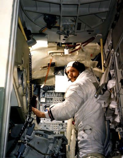 This undated image obtained from NASA shows Astronaut Neil A. Armstrong, commander for the Apollo 11 Moon-landing mission, training for the historic event in a Lunar Module simulator in the Flight Crew Training Building at the Kennedy Space Center in Florida