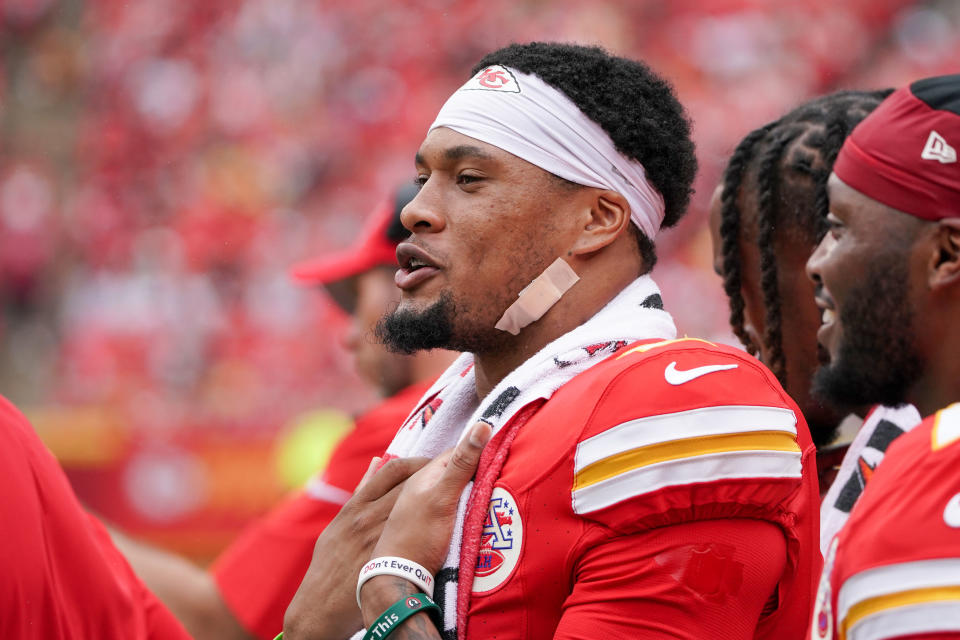 Aug 26, 2023; Kansas City, Missouri, USA; Kansas City Chiefs safety Bryan Cook (6) talks on the sidelines against the <a class="link " href="https://sports.yahoo.com/nfl/teams/cleveland/" data-i13n="sec:content-canvas;subsec:anchor_text;elm:context_link" data-ylk="slk:Cleveland Browns;sec:content-canvas;subsec:anchor_text;elm:context_link;itc:0">Cleveland Browns</a> during the game at GEHA Field at Arrowhead Stadium. Mandatory Credit: Denny Medley-USA TODAY Sports