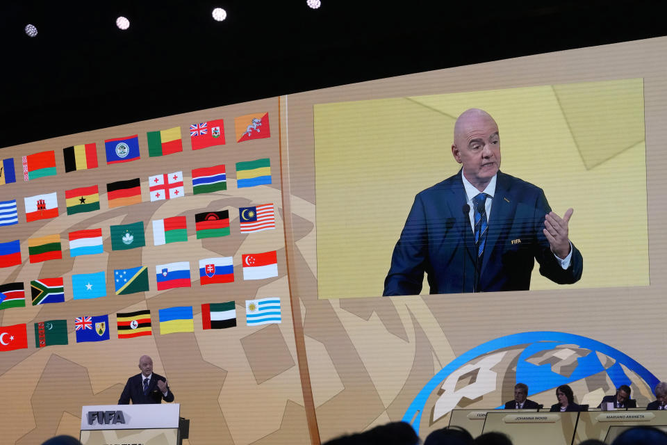 FIFA President Gianni Infantino delivers his speech at the FIFA Congress in Bangkok, Thailand, Friday, May 17, 2024. FIFA will seek independent legal advice before holding an extraordinary council meeting by July 20 to make a decision on a Palestinian proposal to suspend Israel from international soccer because of the conflict with Hamas.(AP Photo/Sakchai Lalit)