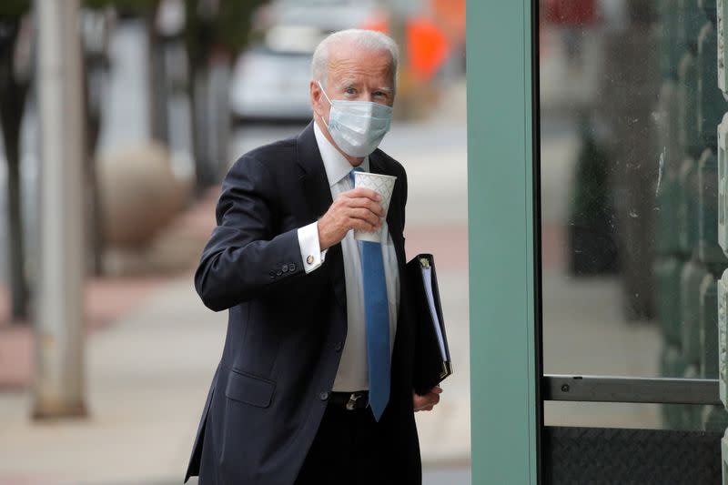 U.S. Democratic presidential candidate and former Vice President Joe Biden arrives at the Queens theater in Wilmington, Delaware