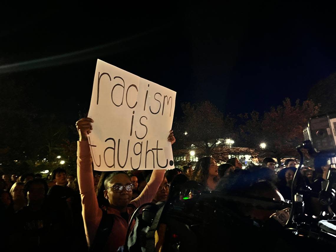 Students gather at a march against racism rally on University of Kentucky’s campus on Nov. 7, 2022. The march was organized after video of a white UK student, Sophia Rosing, saying racist slurs to a Black student desk clerk, Kylah Spring, went viral on social media.