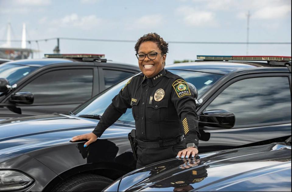 Chief Delma Noel-Pratt, the first female Police Chief named in the City of Miami Gardens posed next to a police cruiser on, Thursday March, 31, 2022, Pedro Portal/pportal@miamiherald.com