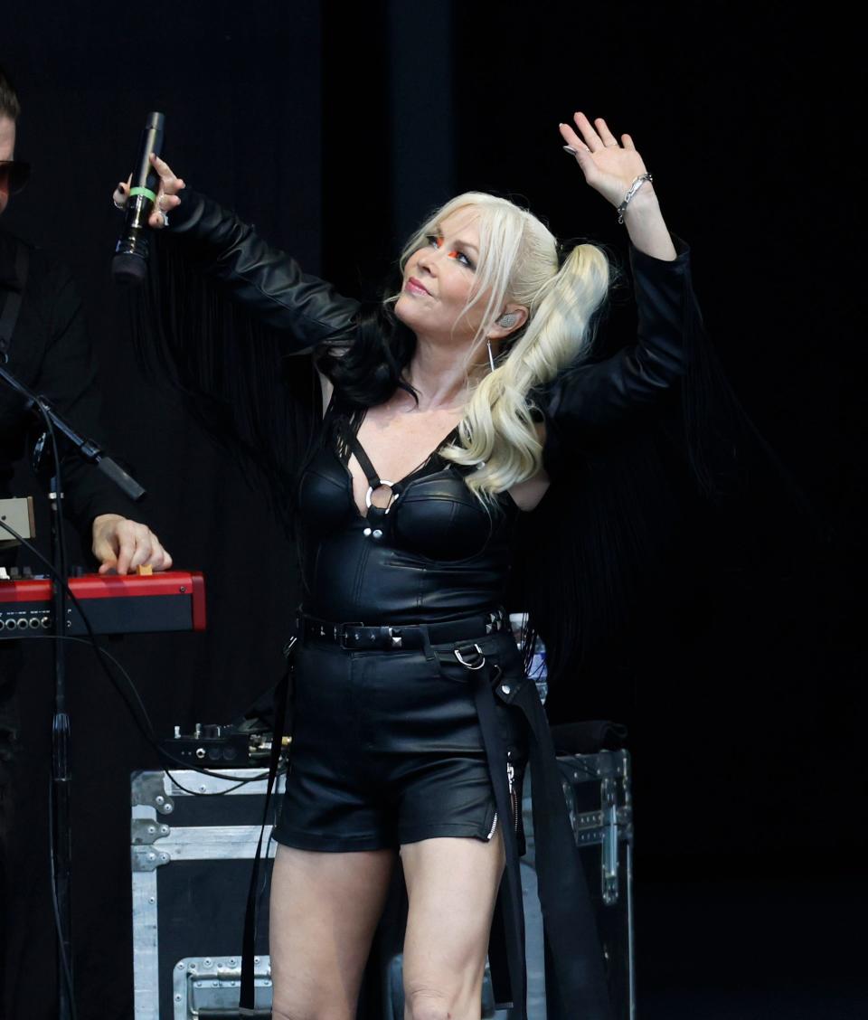 Terri Nunn of Berlin, shown performing in Nashville July 20, 2023, visited with the audience during the band's set at Jiffy Lube Live in Bristow, Va., on July 28.