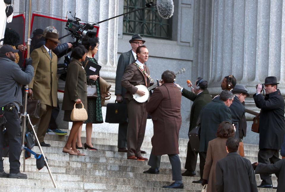 New York, USA. 24th Mar, 2024. Actors Timothee Chalamet and Edward Norton are filming a scene on their new movie about Bob Dylan in Downtown Manhattan, New York on March 24, 2024. Credit: Sipa US/Alamy Live News