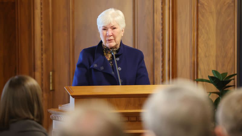 Gail Miller speaks after donating toward the latest Joseph Smith papers at the Church Administration Building in Salt Lake City on Tuesday, Jan. 25, 2022.