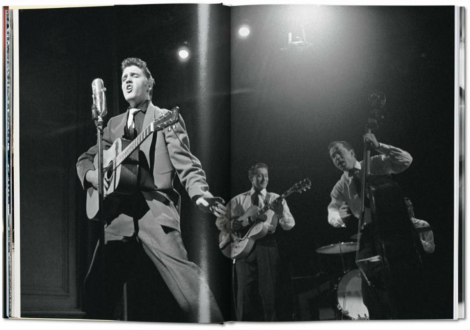 Elvis with Scotty Moore on guitar, Bill Black on bass and DJ Fontana on drums during a live performance on Stage Show, 17 March 1956 (Alfred Wertheimer/Taschen)