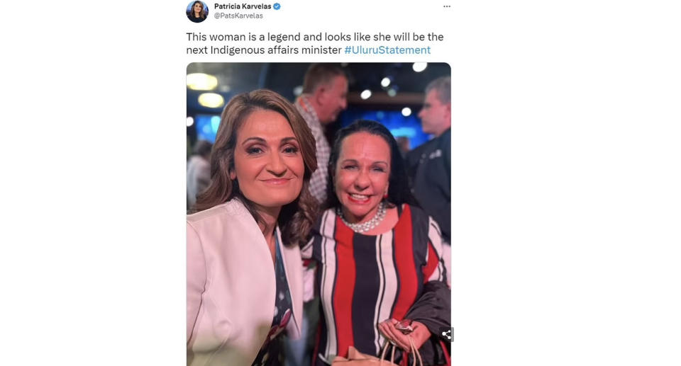 Patricia Karvelas caused controversry in May 2022 when she sent this tweet praising Labor MP Linda Burney. Source: Twitter/Patricia Karvelas