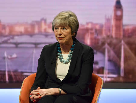 FILE PHOTO: Britain's Prime Minister Theresa May appears on BBC TV's The Andrew Marr Show in London, Britain, January 6, 2019. Jeff Overs/BBC/Handout via REUTERS