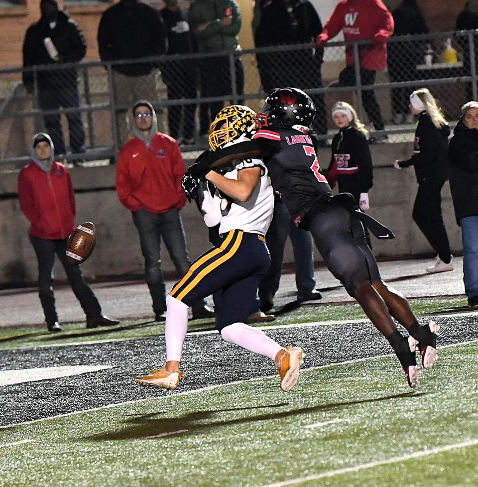 Bukari Miles (2) of Lakota West breaks up a would-be touchdown reception by Moeller at the OHSAA Division I, Region 4 football championship at Mason, Ohio, Nov. 17, 2023.