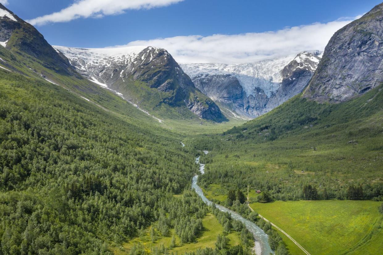 Aerial panorama of the beautiful valley leading to the famous glaciers Jostedalsbreen, Bergsetbreen, Tuftebreen, Nigardsbreen. Converted from RAW.