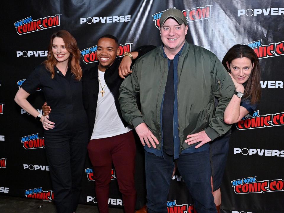 April Bowlby, Joivan Wade, Brendan Fraser and Michelle Gomez pose backstage at HBO Max and DC's Doom Patrol and Titans panel during New York Comic Con 2022 on October 09, 2022 in New York City