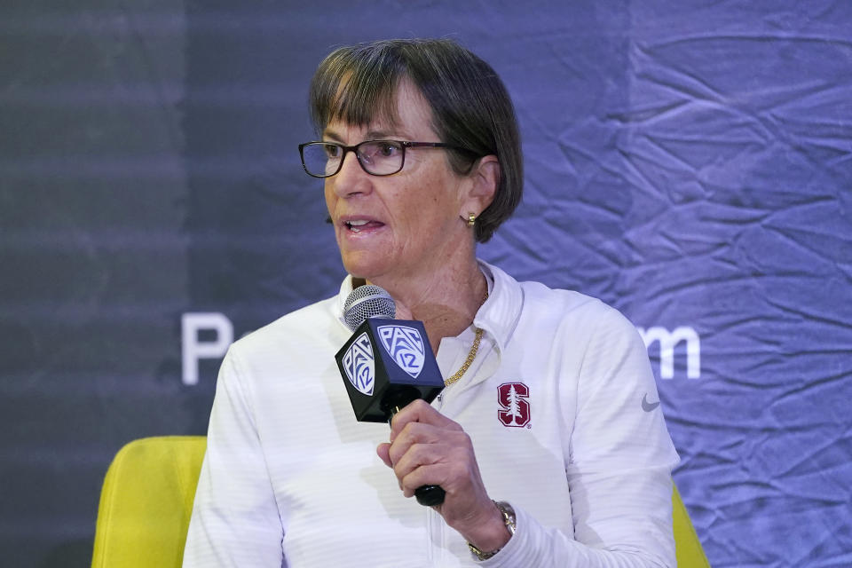 Stanford head coach Tara VanDerveer speaks during an NCAA college basketball news conference at the Pac-12 Conference media day Tuesday, Oct. 12, 2021, in San Francisco. (AP Photo/Jeff Chiu)