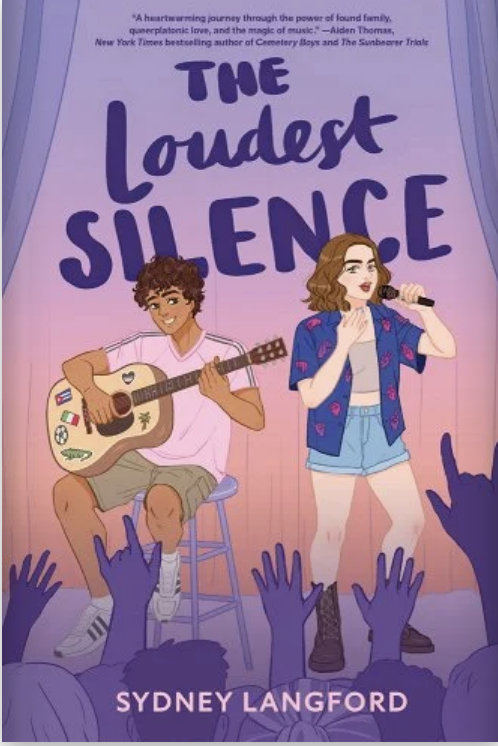 Book cover for "The Loudest Silence" by Sydney Langford. Features two animated characters, one playing a guitar and the other singing, with an audience's hands raised