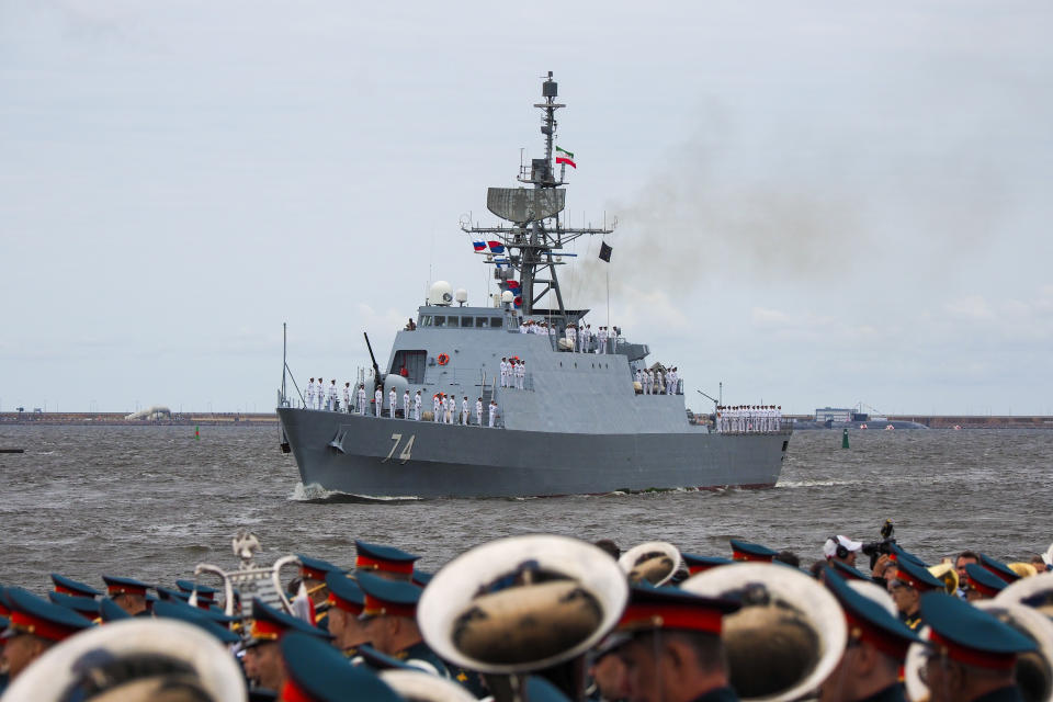 Iranian frigate "Sahand" of the Southern Fleet of the Islamic Republic of Iran Navy takes part in the military parade during celebrations for Navy Day, in Kronshtadt outside St.Petersburg, Russia, Sunday, July 25, 2021. (AP Photo)