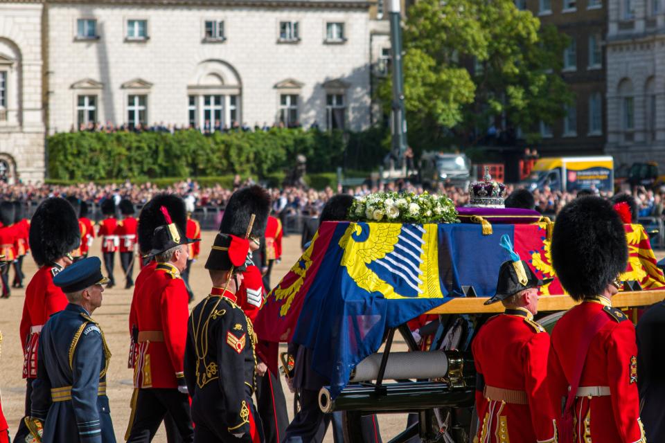  King Charles III's Guards move the coffin of Queen Elizabeth II  from Horse Guards Parade to Westminster Hall, September 14, 2022, in London, United Kingdom. 