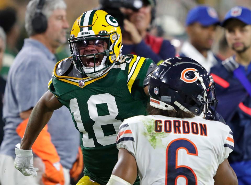 Green Bay Packers wide receiver Randall Cobb (18) celebrates after a long reception against Chicago Bears cornerback Kyler Gordon (6) during their football game Sunday, September 18, 2022, at Lambeau Field in Green Bay, Wis. 
Dan Powers/USA TODAY NETWORK-Wisconsin