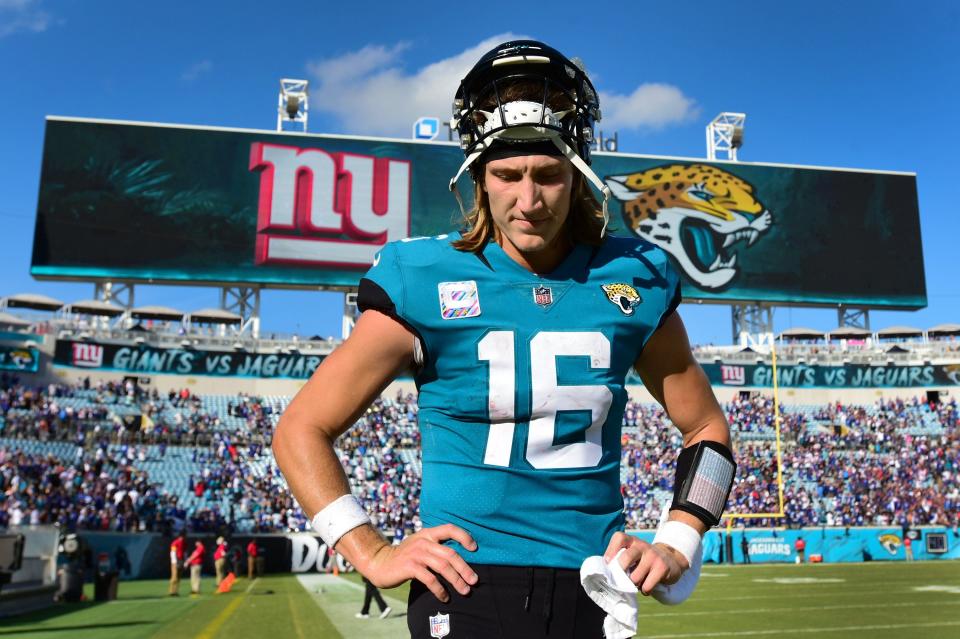 Jacksonville Jaguars quarterback Trevor Lawrence (16) heads off the field after Sunday's loss to the New York Giants. The Jacksonville Jaguars hosted the New York Giants at TIAA Bank Field in Jacksonville, FL Sunday, October 23, 2022. The Jaguars trailed at the half 11 to 13 and lost to the Giants with a final score of 17 to 23. [Bob Self/Florida Times-Union]