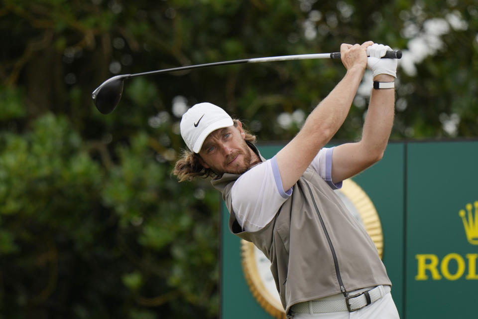 FILE - England's Tommy Fleetwood plays from the 3rd tee during the final round of the British Open golf championship on the Old Course at St. Andrews, Scotland, on July 17, 2022. This year’s Ryder Cup is set to mark a break from the past for European golf and this week might provide a hint as to who is part of the future. The Hero Cup match-play event takes place in Abu Dhabi from Friday Jan. 13, to Sunday Jan. 15, 2023. (AP Photo/Alastair Grant, File)