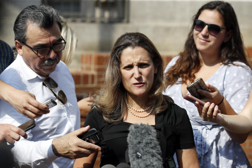 Canadian Foreign Affairs Minister Chrystia Freeland speaks as she arrives at the Office of the United States Trade Representative, Wednesday, Sept. 19, 2018, in Washington. (AP Photo/Alex Brandon)