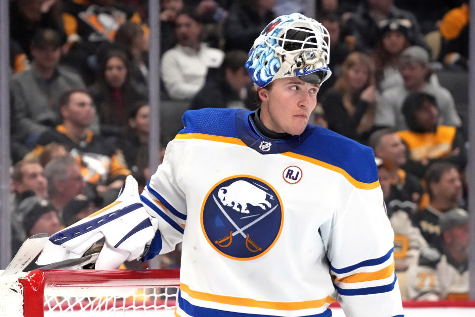 Buffalo Sabres goaltender Ukko-Pekka Luukkonen pauses after allowing a goal by Pittsburgh Penguins' Drew O'Connor during the second period of an NHL hockey game in Pittsburgh, Saturday, Nov. 11, 2023. (AP Photo/Gene J. Puskar)