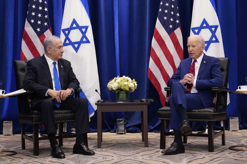 FILE - President Joe Biden meets with Israeli Prime Minister Benjamin Netanyahu in New York, Sept. 20, 2023. Biden on Saturday, Oct. 7, decried what he called an "appalling assault" against Israel by Hamas militants near the Gaza Strip, saying the U.S. is prepared to offer support amid the surprise attack that left at least 100 people dead and sparked worldwide condemnation, anger and shock from Israel's allies. Biden spoke with Netanyahu earlier Saturday, and the U.S. president made clear that "we stand ready to offer all appropriate means of support" to Israel. (AP Photo/Susan Walsh, File)