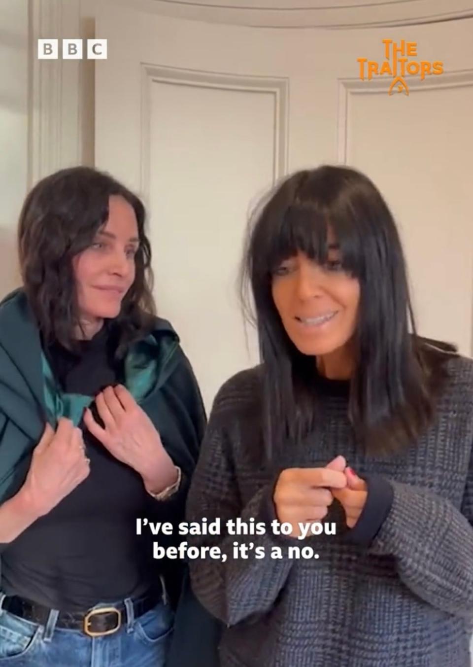 A social media clip from April 2023 of Claudia Winkleman (right) roping in Courtney Cox (left) to promote the second series of The Traitors has resurfaced (BBC One)