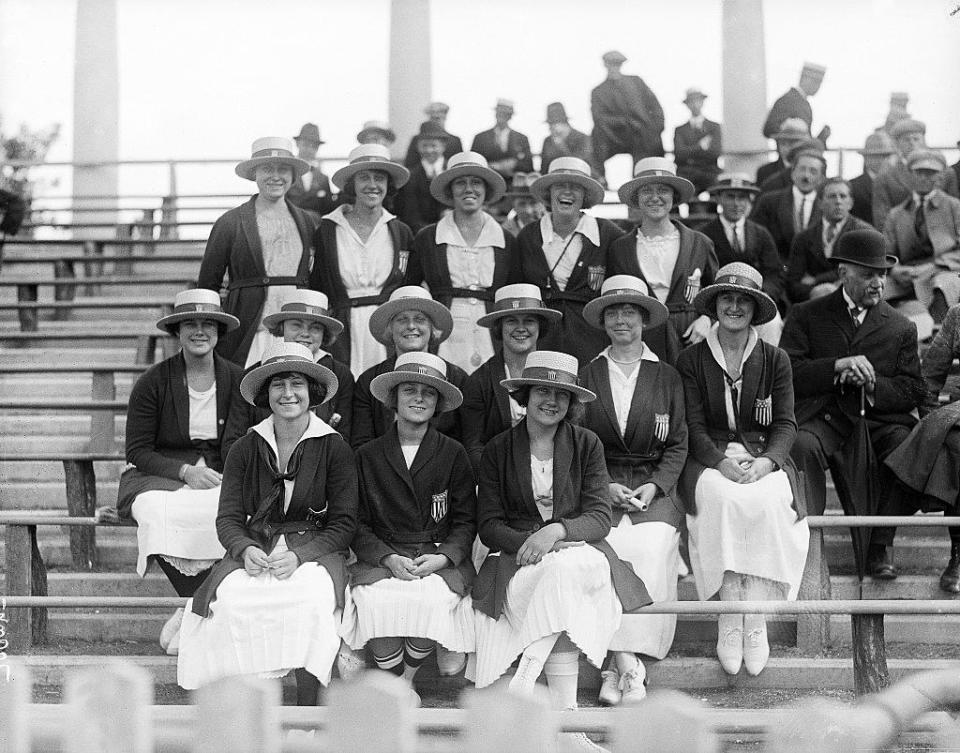 11/5/1920-Antwerp, Belgium- Picture shows a group of US Olympic Athletes posing together in their uniforms.