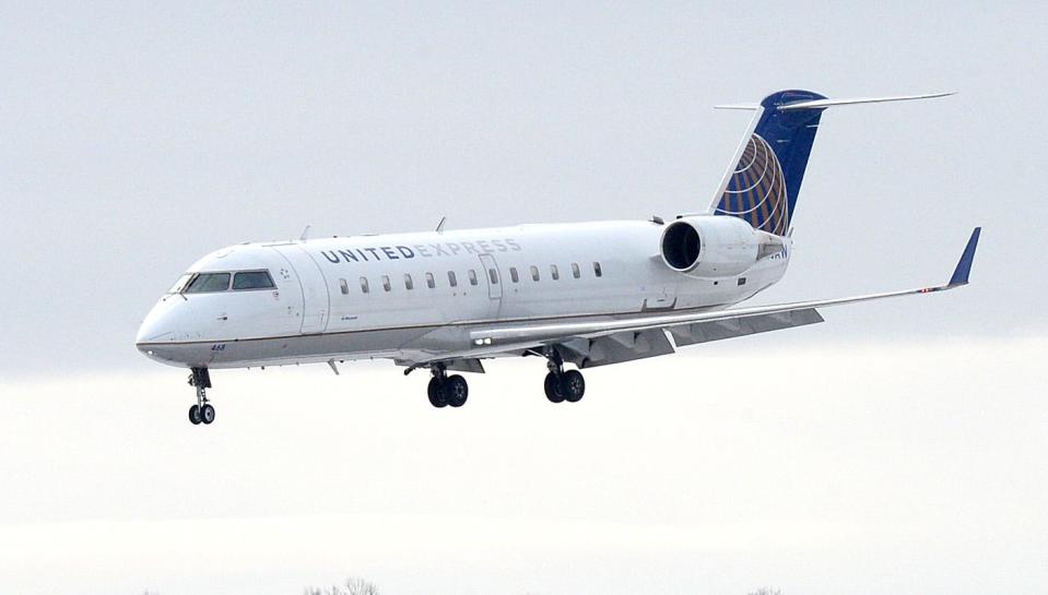 A United Airlines flight lands at Erie International Airport in this December 2020 photo.