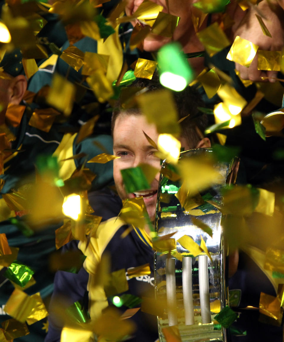 Michael Clarke of Australia holds the CB Series trophy after winning the best-of-three finals against Sri Lanka at Adelaide Oval on March 8, 2012 in Adelaide, Australia.