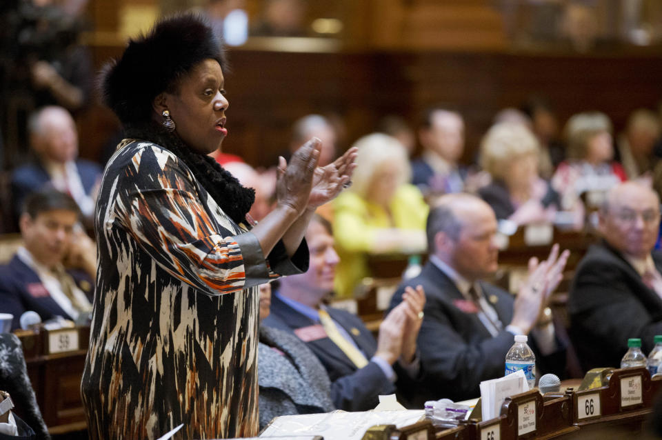 Mable Thomas, shown here in a Wednesday. Jan. 13, 2016 photo, is among seven candidates running Tuesday in a special election to fill the Atlanta-based congressional seat that was vacated in July by the death of civil rights leader John Lewis. Thomas, known as “Able Mable” is a Democrat who has served more than 20 years in the state House. She’s campaigning on her record and promising to align with the “little man” during what would be a brief stint in Congress. (AP Photo/David Goldman)