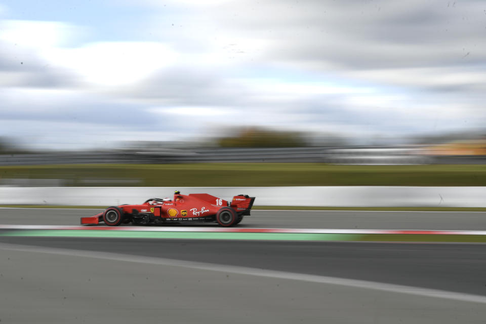 Ferrari driver Charles Leclerc of Monaco steers his car during the qualifying session for the Eifel Formula One Grand Prix at the Nuerburgring racetrack in Nuerburg, Germany, Saturday, Oct. 10, 2020. The Germany F1 Grand Prix will be held on Sunday. (Ina Fassbender, Pool via AP)