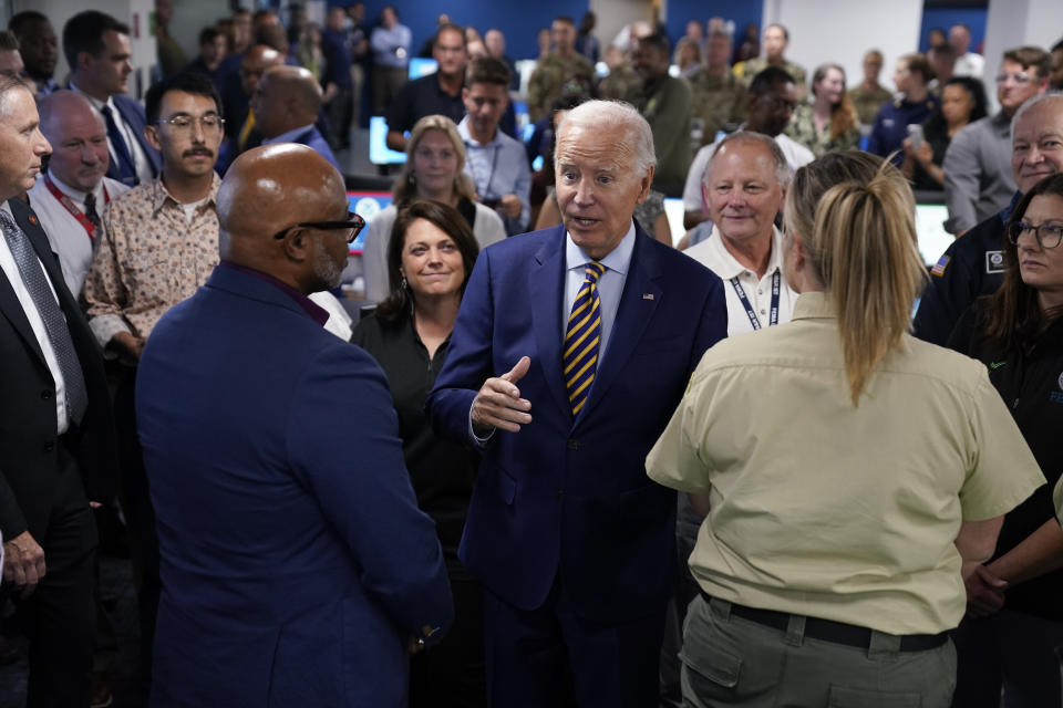 FILE - President Joe Biden speaks during a visit to FEMA headquarters, Thursday, Aug. 31, 2023, in Washington. Biden visited the headquarters to thank the team staffing the FEMA National Response Coordination Center (NRCC) throughout Hurricane Idalia and the ongoing federal response efforts to the fires on Maui, Hawaii. (AP Photo/Evan Vucci, File)