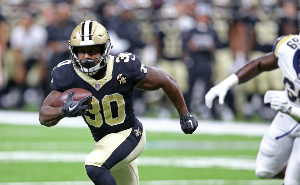 Aug 30, 2018; New Orleans, LA, USA; New Orleans Saints running back Boston Scott (30) scores a touchdown in the first quarter against the Los Angeles Rams at Mercedes-Benz Superdome. Mandatory Credit: Chuck Cook-USA TODAY Sports